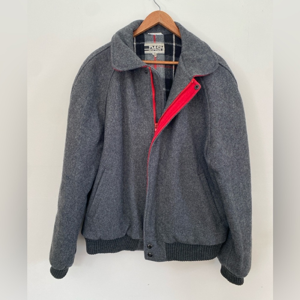 Vintage Wool Ash Gray and Black Plaid Jacket with Red Stripe